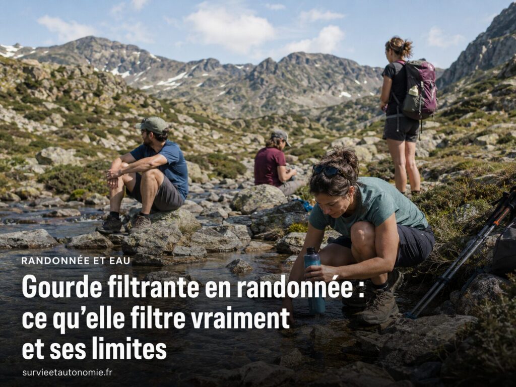 Gourde filtrante en randonnée : ce qu’elle filtre vraiment Randonneur remplissant une gourde filtrante dans un ruisseau de montagne clair
