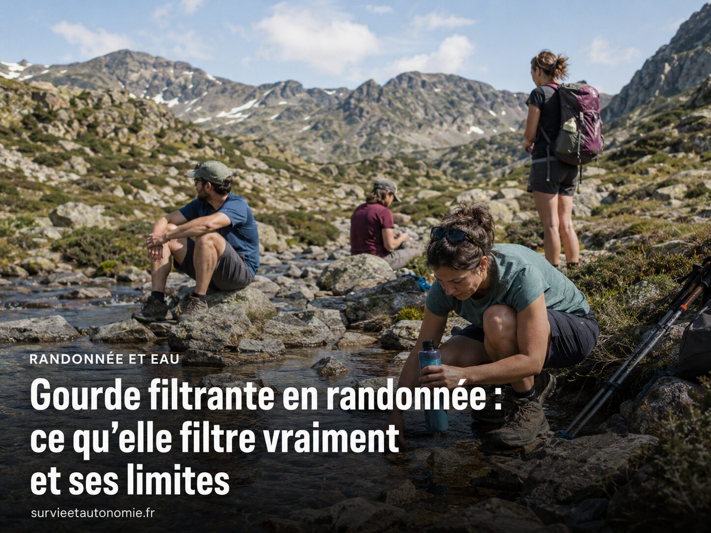 Randonneur remplissant une gourde filtrante dans un ruisseau de montagne clair