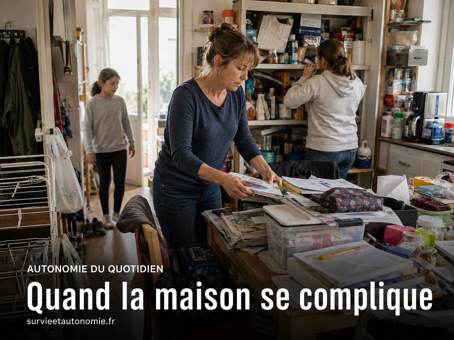 Simplifier son foyer : objets, habitudes et organisation Famille triant ensemble les objets accumulés dans une pièce devenue difficile à utiliser