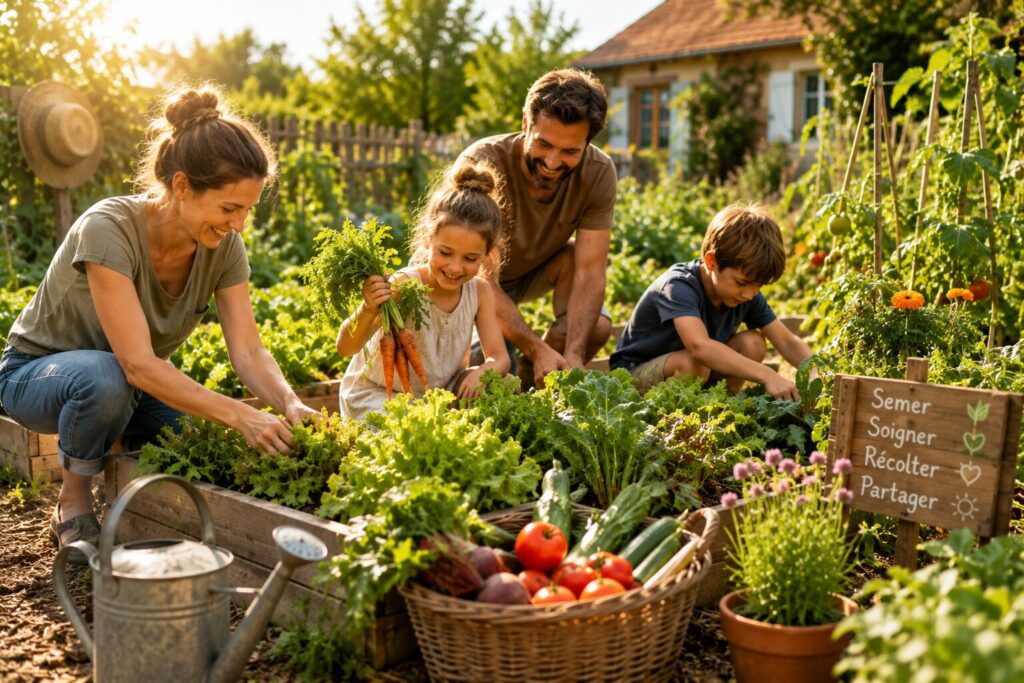 Une famille récoltant des légumes dans un petit potager.