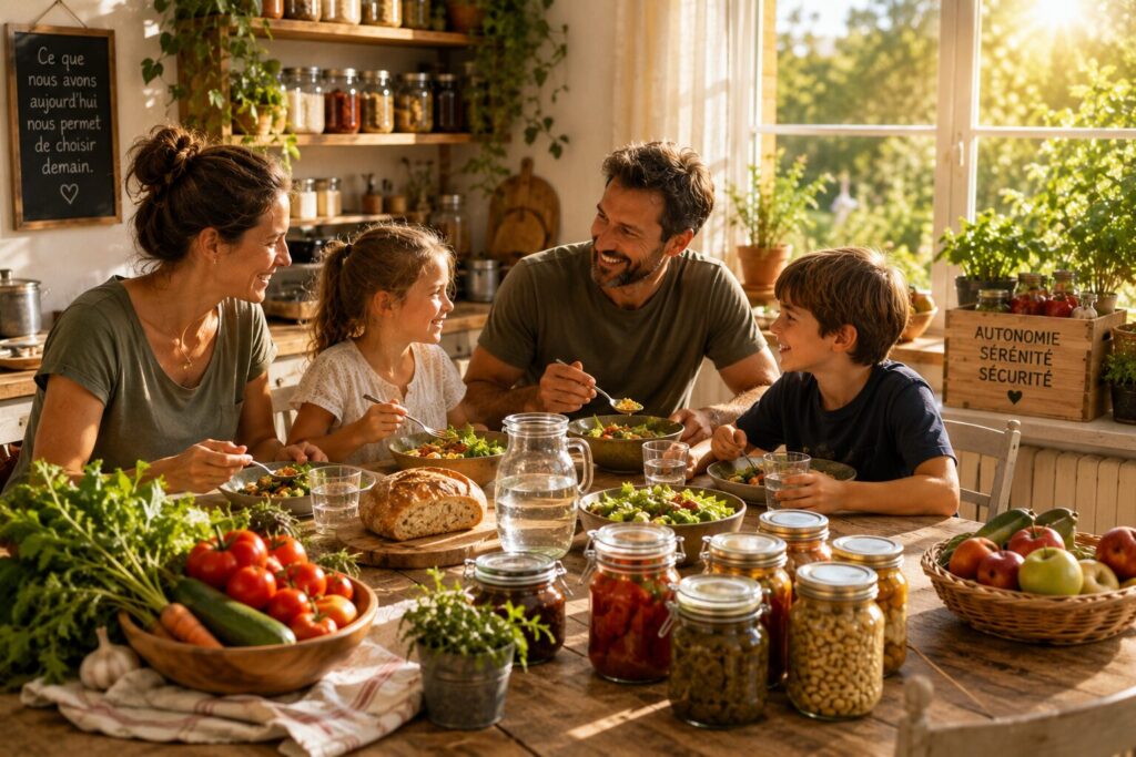 Une famille mange ensemble.