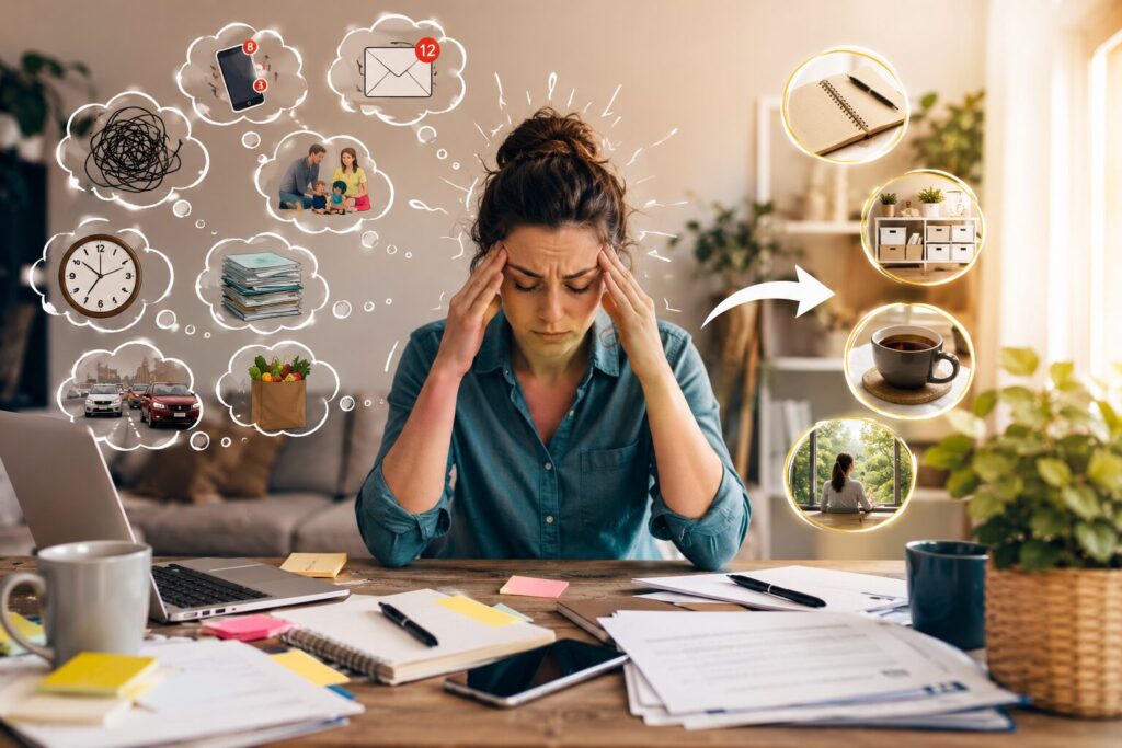 Pourquoi certaines journées vous vident complètement, même sans “gros problème” Personne fatiguée en fin de journée devant une table rangée avec carnet, tasse, téléphone et liste de tâches, ambiance calme et lumineuse.