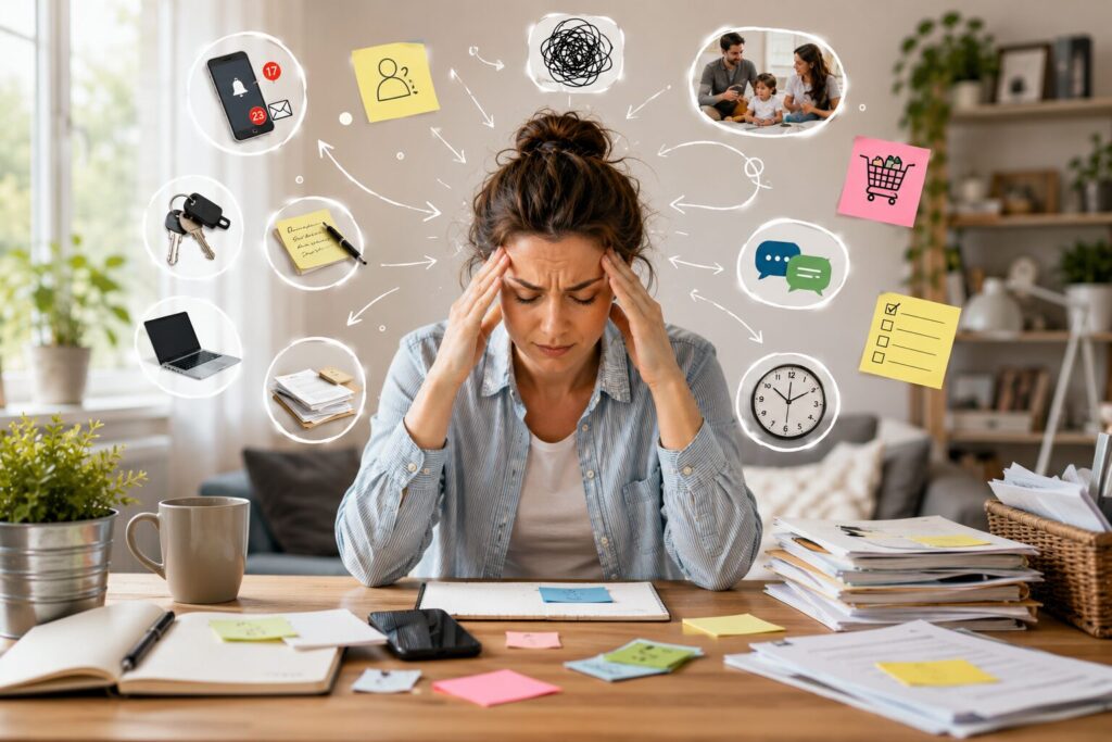 Ces petites choses qui épuisent votre cerveau sans que vous le remarquiez Personne fatiguée devant une table lumineuse avec téléphone, papiers, carnet et objets du quotidien symbolisant les petites sollicitations mentales.