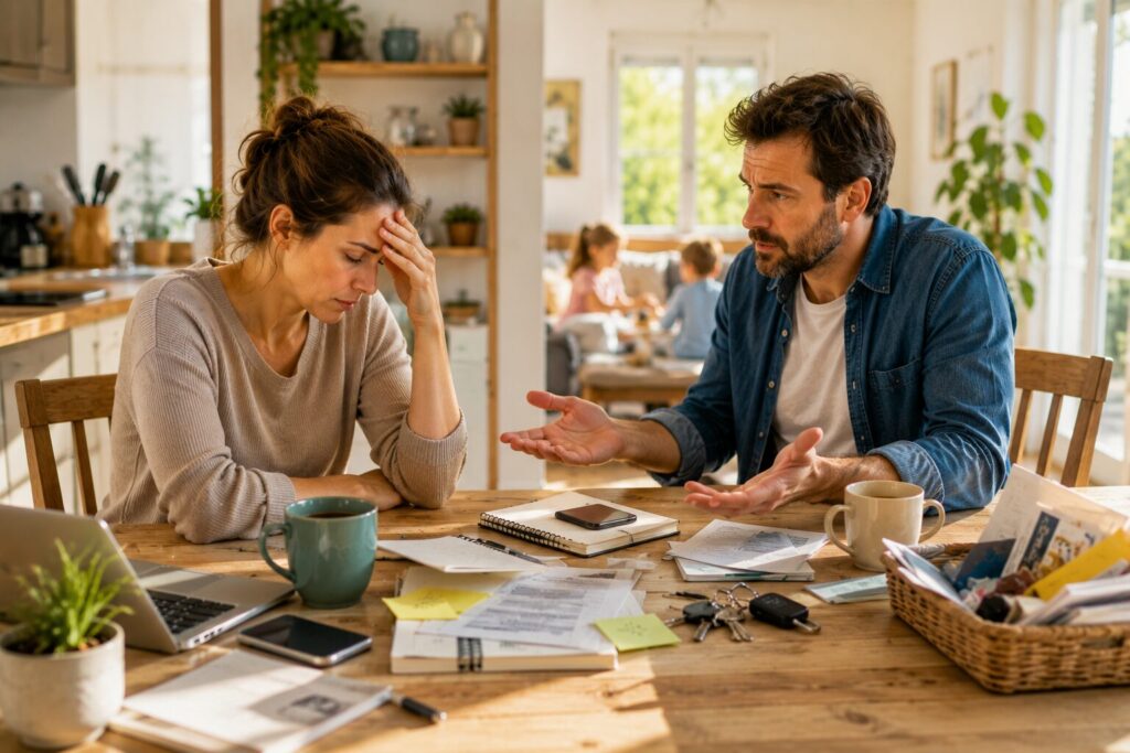 Ce qui aggrave les tensions sous pression sans qu’on s’en rende compte Deux adultes dans une maison lumineuse en tension discrète autour d’une table encombrée, avec une ambiance réaliste de pression quotidienne.
