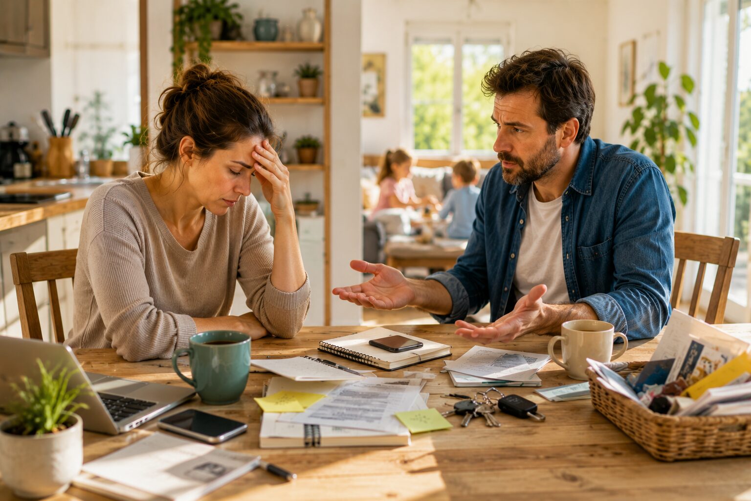 Deux adultes dans une maison lumineuse en tension discrète autour d’une table encombrée, avec une ambiance réaliste de pression quotidienne.