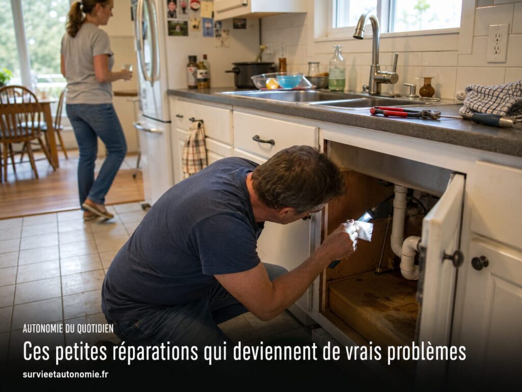 Habitante examinant une petite fuite sous un évier avant qu’elle n’endommage le meuble et le logement