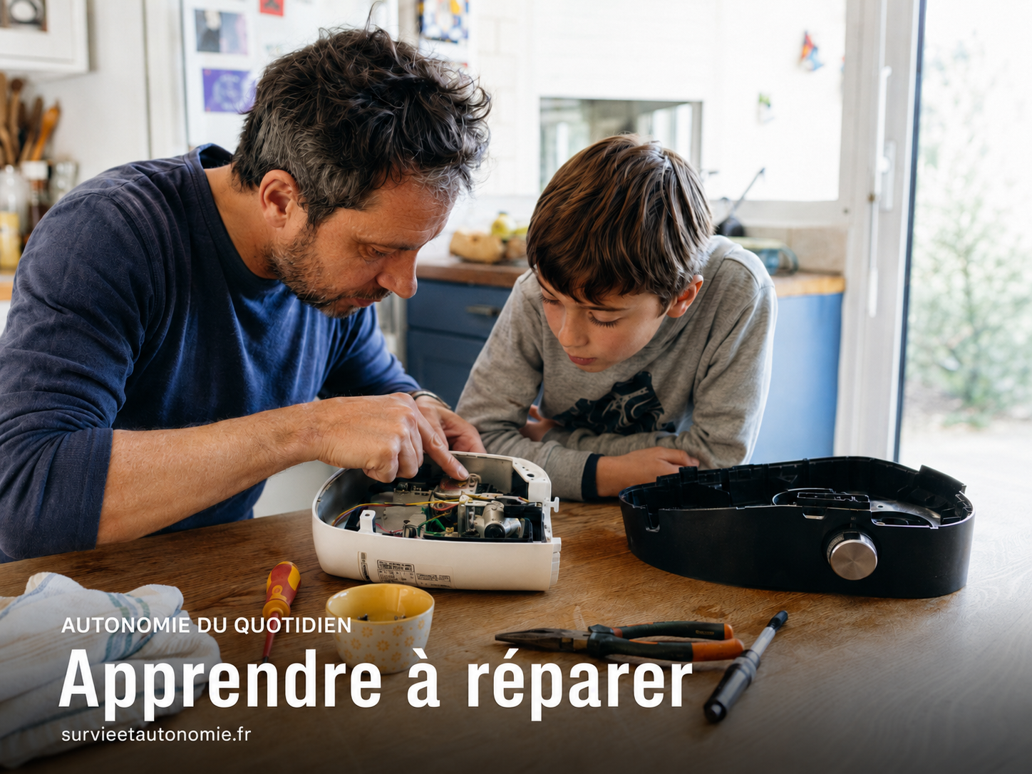 Pourquoi apprendre à réparer reste l’une des meilleures formes d’autonomie Parent et enfant examinant ensemble un petit appareil démonté sur une table pour comprendre l’origine d’une panne.