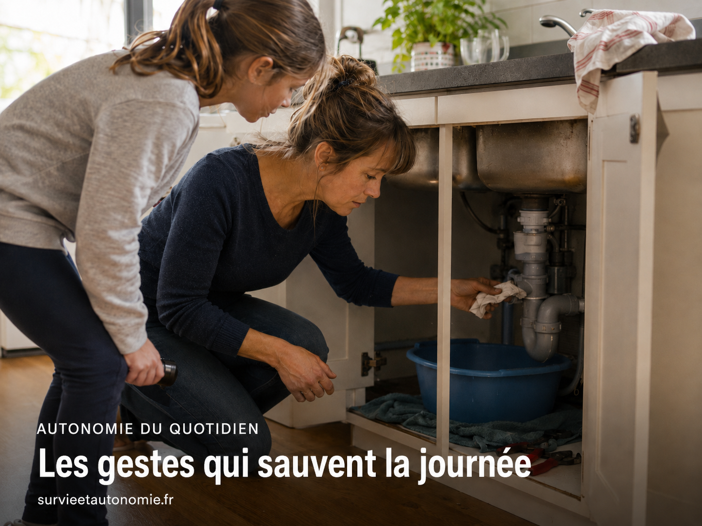 Compétences domestiques : les gestes simples qui évitent les galères Parent et enfant examinant une petite fuite sous un évier avec une lampe et quelques outils pendant qu’une bassine recueille l’eau.