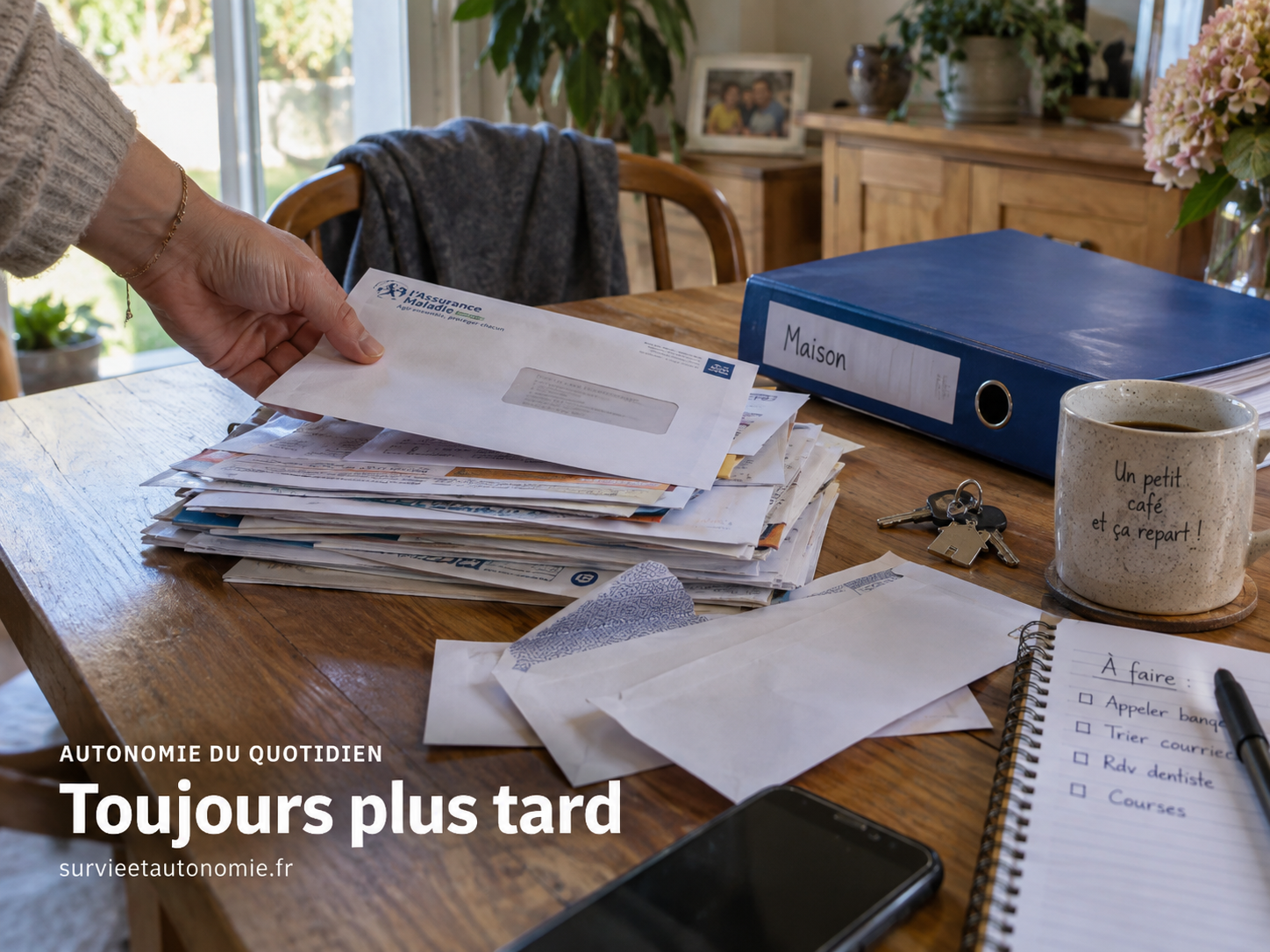 Pourquoi nous attendons presque toujours qu’il soit trop tard Courriers et documents accumulés sur une table à côté d’une enveloppe récemment reçue, illustrant une tâche quotidienne repoussée depuis plusieurs semaines.