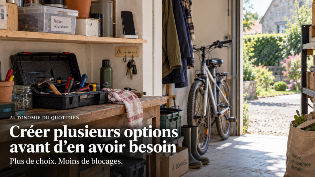 Plusieurs solutions simples déjà disponibles dans une maison, avec outils manuels, téléphone ancien, clés et vélo prêt à servir sans accumulation de matériel.