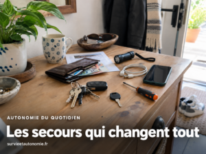 Double de clés, petite lampe, billets, câble de téléphone et document imprimé réunis sur une table avant une journée ordinaire.
