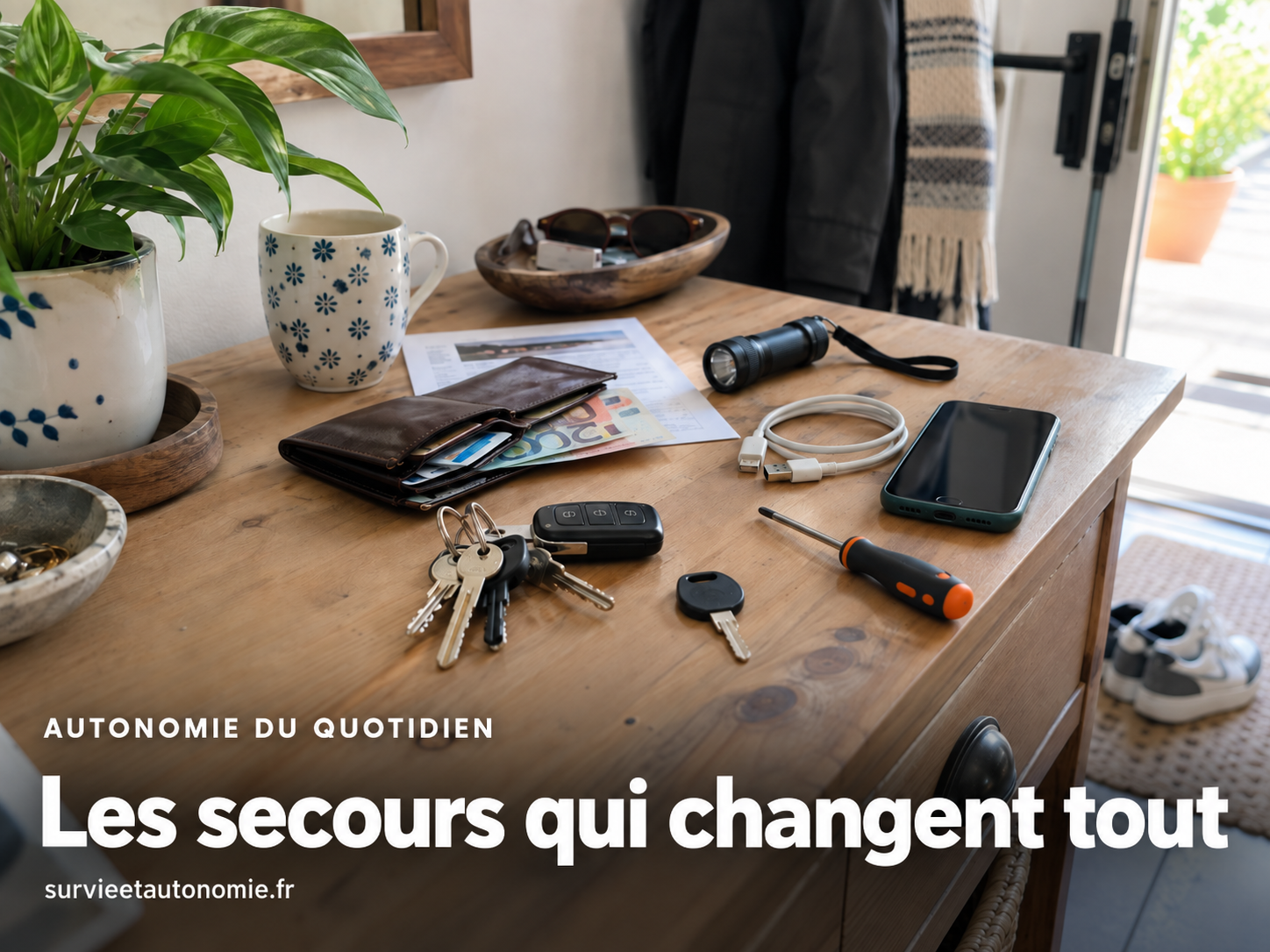 Les décisions qui deviennent beaucoup plus faciles lorsqu’elles sont préparées à l’avance Double de clés, petite lampe, billets, câble de téléphone et document imprimé réunis sur une table avant une journée ordinaire.