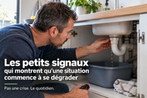 Main observant un léger filet d’eau sous un évier tandis qu’une bassine et un chiffon ont déjà été placés pour limiter le problème.