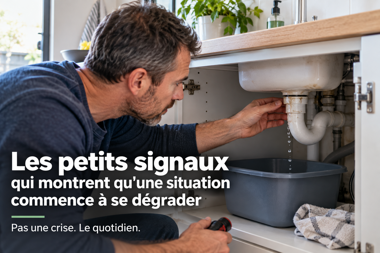 Les petits signaux qui montrent qu’une situation commence à se dégrader Main observant un léger filet d’eau sous un évier tandis qu’une bassine et un chiffon ont déjà été placés pour limiter le problème.