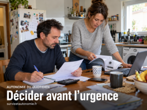 Couple examinant calmement un devis et les caractéristiques d’un appareil à remplacer avant de prendre une décision importante pour le budget familial.