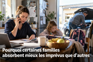 Organisation familiale perturbée par un imprévu, avec une personne qui réorganise les déplacements et les obligations de la journée autour d'une table de cuisine.
