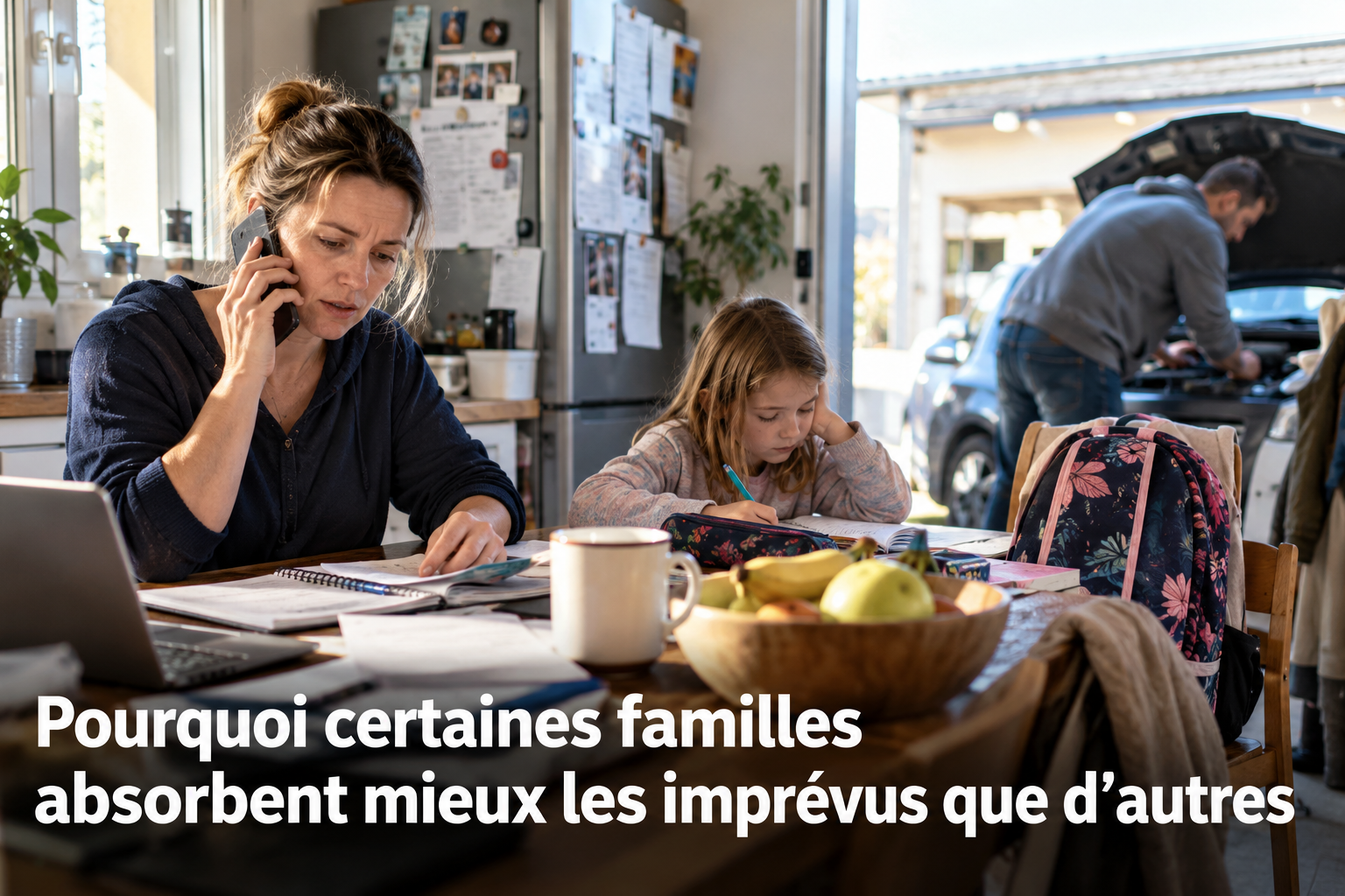 Organisation familiale perturbée par un imprévu, avec une personne qui réorganise les déplacements et les obligations de la journée autour d'une table de cuisine.